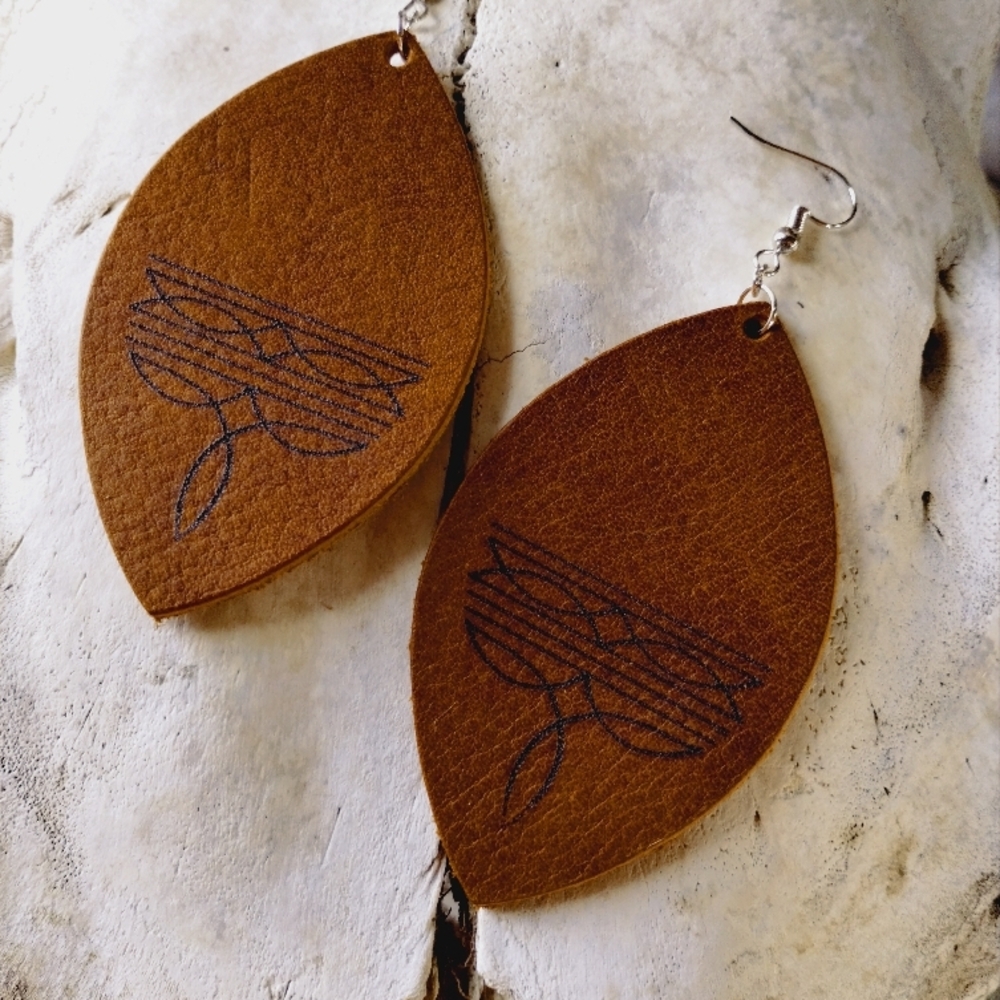 Boot Stitch Leather Leaf Earrings In Cowgirl Cordovan